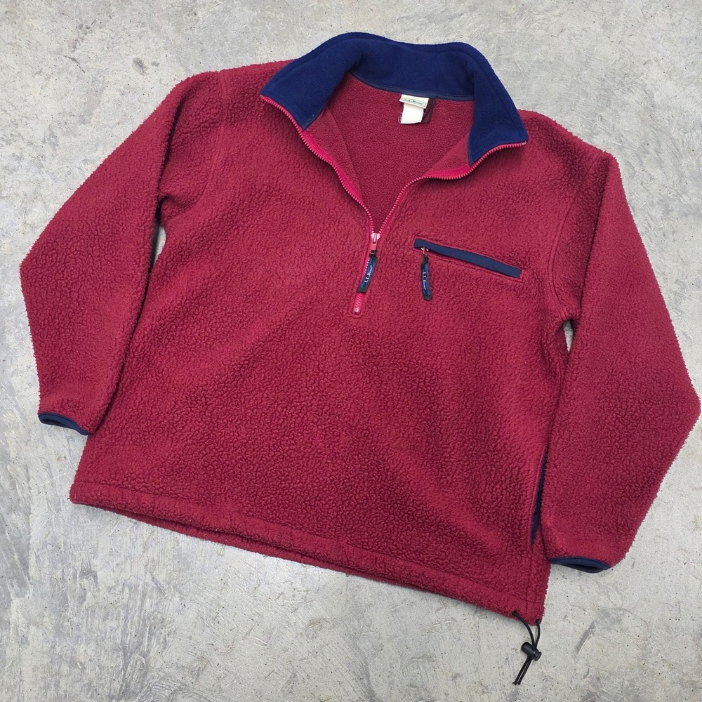 Vintage‎ LL Bean Men's Fleece Pullover Jacket Crimson Navy Blue Trim Size XL